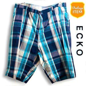 Vintage Marc Ecko Men's Khaki Chino Shorts Size 40 Blue Red Plaid Pockets Cotton